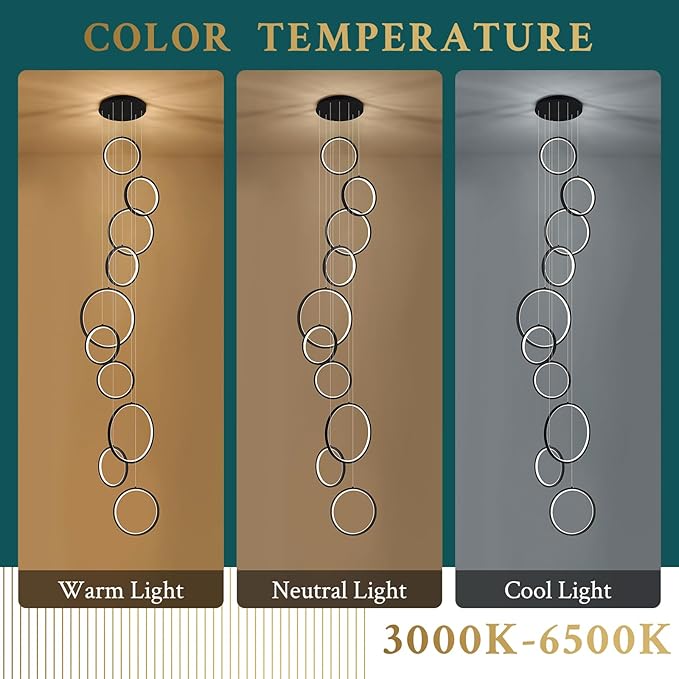 10 Rings Modern LED Chandelier for High Ceiling Dimmable Black Contemporary Pendant Light Fixture Long Foyer Chandelier for Entryway Staircase Dining Room Living Room, 3000-6500K