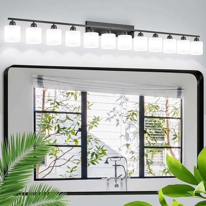 12 Light Black Vanity Lights for Giant Mirror, Bathroom Vanity Lights Over Mirror with Milky White Frosted Glass Shades,78.8 inch Bathroom Light Fixture for Mirrors, E26
