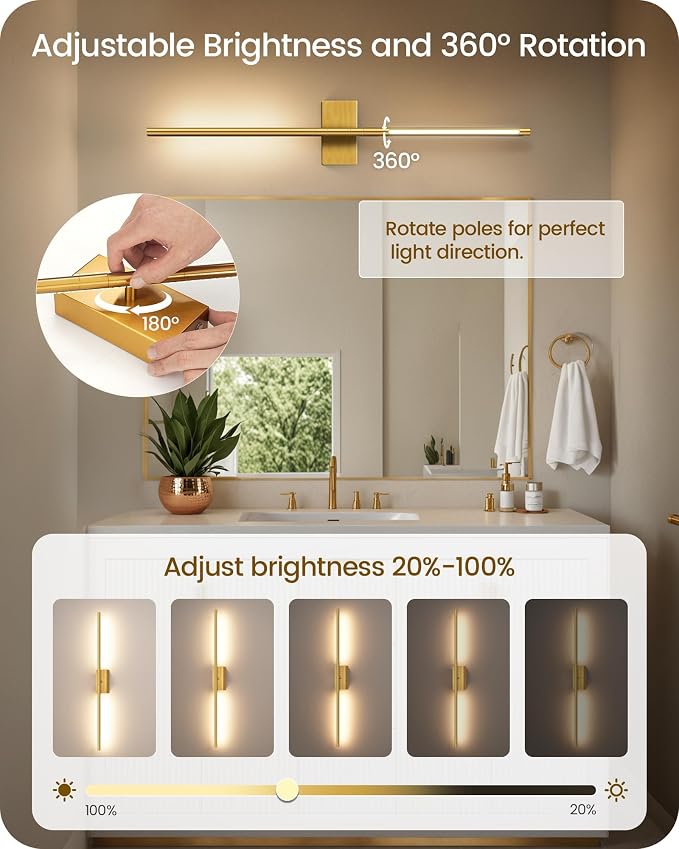 34.6" Wireless Battery Operated Wall Sconces Set of Two,Rechargeable Lamp with Remote, 360° Rotation, 10000mAh Battery, Touch Dimmable Lights for Living Room Hallway Bedroom, Gold D05YBP205