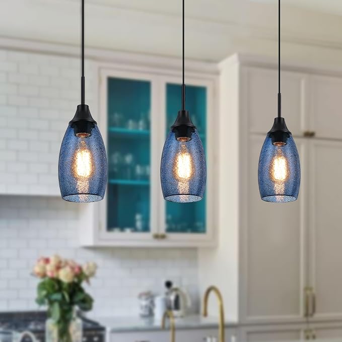 Viinew Mini Glass Pendant Light 3-Pack Dark Blue Seeded Hanging Light | Handblown Dark Blue Marble Art Glass Shade Ceiling Light 4.72" Hanging Pendant Light for Kitchen Island,Dining Room