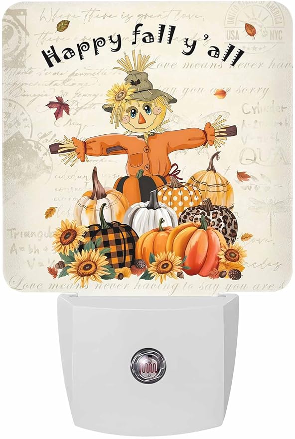 Thanksgiving Night Lights Plug into Wall LED Night Light Autumn Pumpkin Vintage Automatic Dimmable Dusk-to-Dawn Square Shaped Smart Nightlight for Bathroom/Bedroom