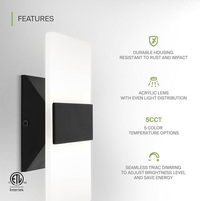 ASD 8 Inch Indoor LED Wall Sconce - 10W 2700K-5000K Dimmable Black Wall Sconce Lights for Living Room, Bedroom, Bathroom, Hallway - Modern Wall Sconces Hardwired, ETL Interior Light, Set of 2