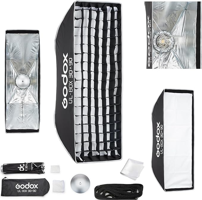 Godox Softbox UL-30x90 11.8"x35.4" Strip Softbox, Quick-Release Umbrella Design Bowens Mount with Grid & Deflector, for Rim Lighting & Product Photography