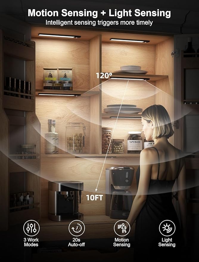 5Pack Under Cabinet Lighting, 3000mAh Rechargeable Motion Sensor Light Indoor, 8inch Magnetic Closet Lights with Dimmable & 3 Color Temps, Wireless Motion Activated Under Counter Lights for Kitchen