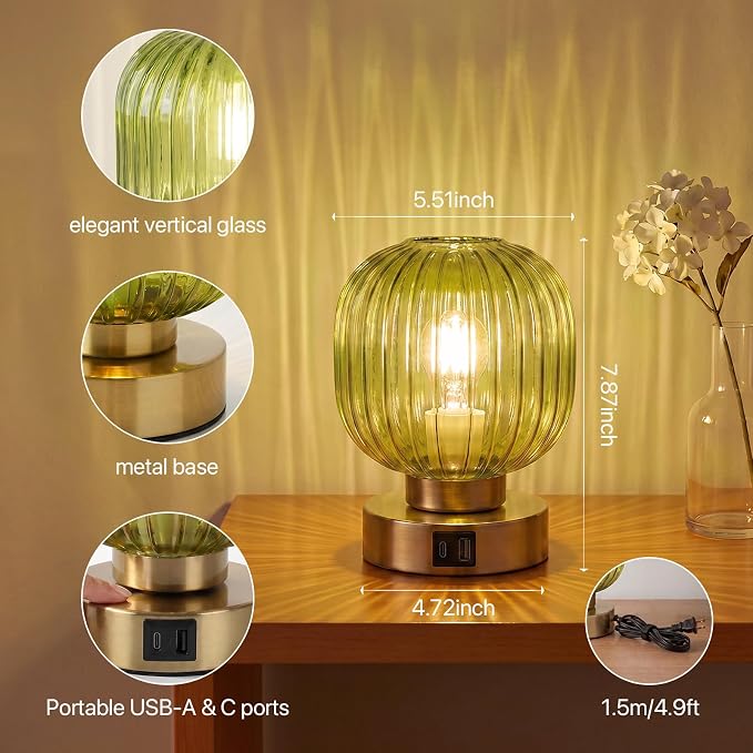 Elenhome Touch Small Table Lamp,Elegant Green Glass Bedside Lamp 3 Way Dimmable with USB C+A Charging Ports - Bedroom Nightstand & Living Room Essential, 4W Bulb Included (Green)