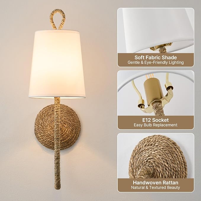 Boho Coastal Rattan Wall Sconce: Set of 2 Wicker Hardwired Bathroom Lights | Natural Woven Bohemian Beachy Nautical Sconces, White Fabric Scalloped Light Fixture for Bedroom Bedside Vanity Hallway Decor