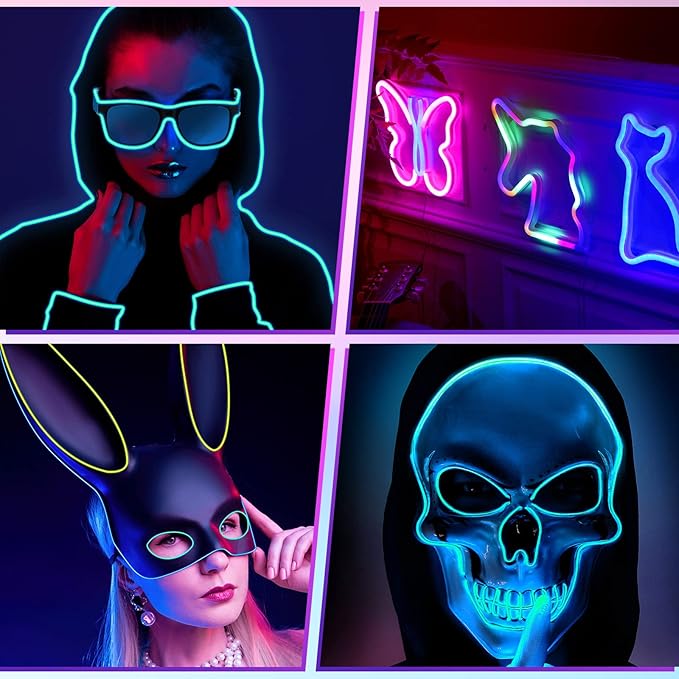 Hortsun 15 Pack 7ft Neon Light El Wire Portable Cuttable Neon Glowing Battery Powered LED Lights Glow in The Dark with Battery Pack for Halloween Party