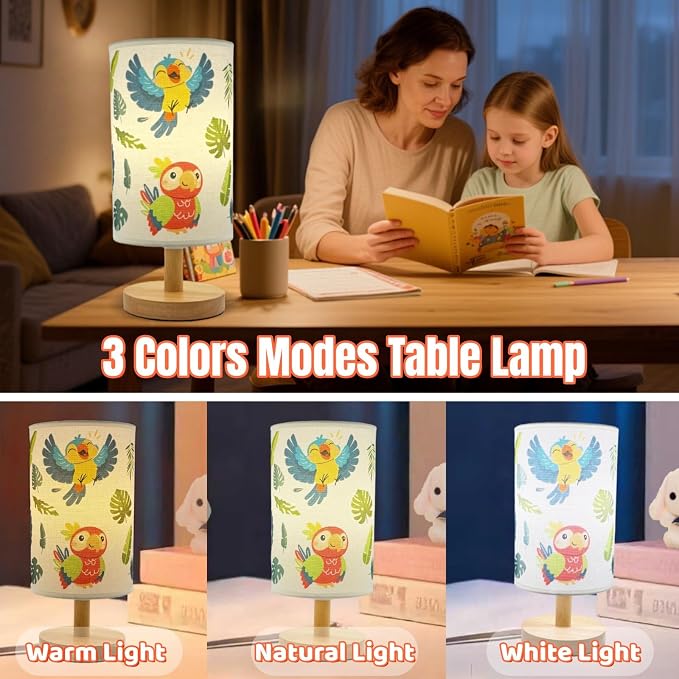 Bird Kids Table Lamp for Bedroom,Kids Bedside Lamps 3 Colors Wooden Base Nightstand Night Light with Cartoon Flaxen Fabric Shade Desk Lamp for Girls Boys Room Nursery Decor,Birds Gifts for Boys Girls