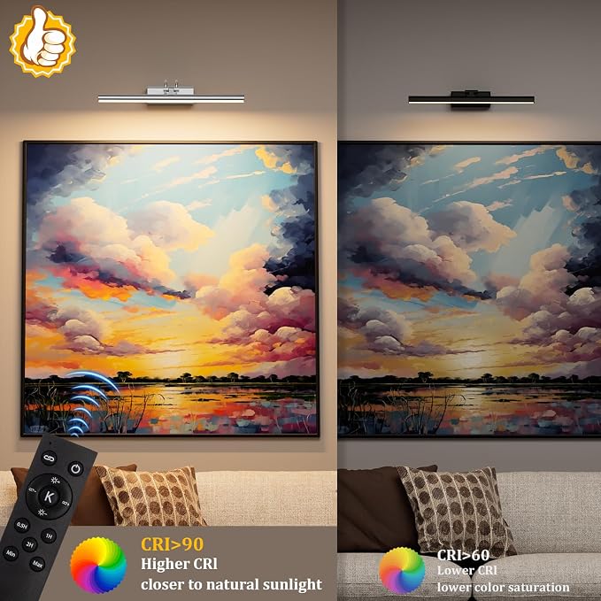 Picture Light for Wall, Platinum Silver, Battery Operated, Remote Control | 4000mAh Cordless,Wall Light, Magnetic for Easy to Charge,Timers, Display for Gallery Living Room Bedroom