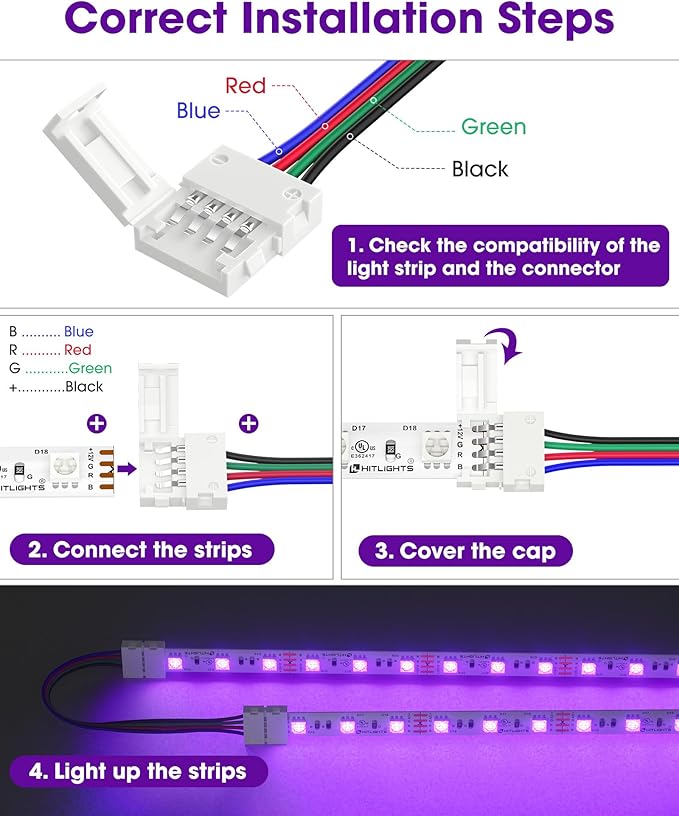 HitLights 12 Pack 10mm 4 Pin RGB LED Strip Connectors - 6 Inch Solderless Connectors for 5050 Color Changing LED Tape Light, Kitchens, Cabinets and More