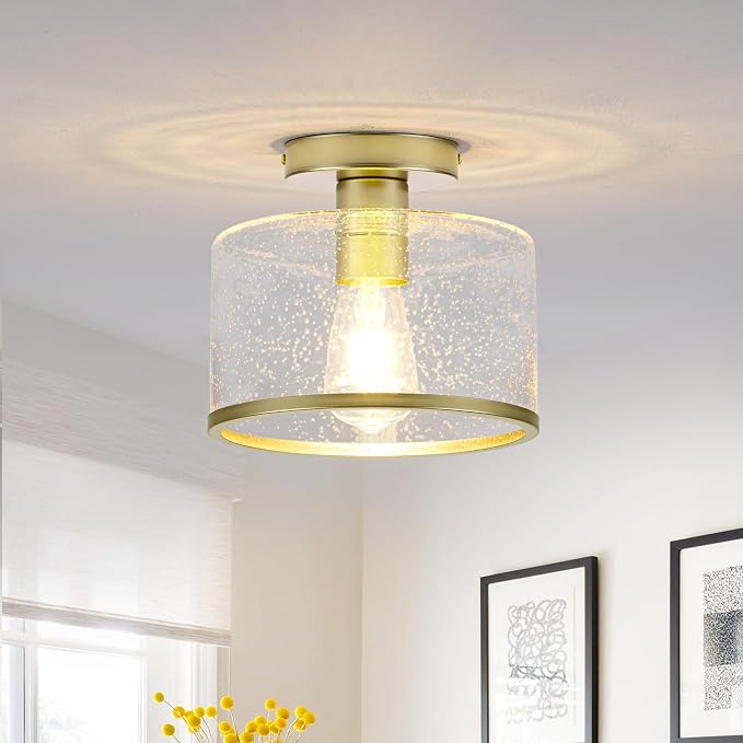 Zlepmlla Modern Flush Mount Ceiling Light, Seeded Glass Ceiling Light Fixture, Gold Light Fixture for Hallway, Bedroom, Entryway, Kitchen，Living Room