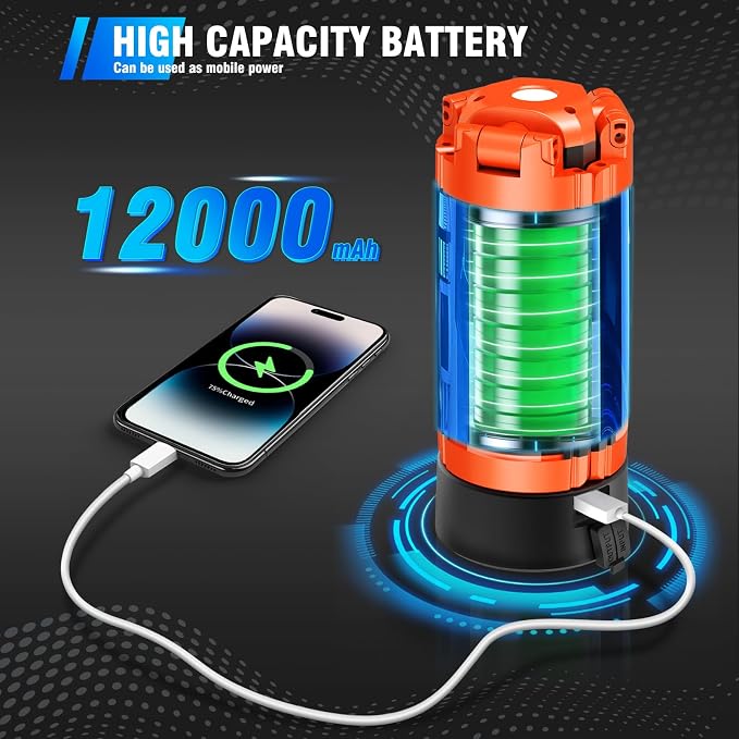 AKOFUN 12000mAh Camping Light with Stand, Portable Rechargeable Work Light | 10000 Lumen Dimmable Cordless Work Light with 3 LED Lamp Heads, Magnetic Emergency Flashlight with 79" Detachable Tripod