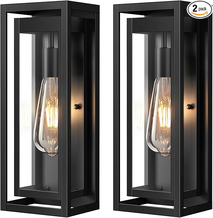15" Outdoor Wall Lights, Black Exterior Lighting Fixtures, 2 Pack | Large Size, Anti-Rust, Waterproof, Tempered Glass, Easy Installation, Modern & Classic Outdoor Sconces for House Porch Garage