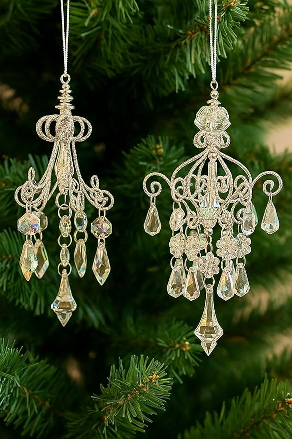 The Bridge Collection Set of 2 Opalescent Chandelier with Faux Gemstones Ornaments - 6" Elegant Sparkling Chandeliers with Faux Crystals Christmas Ornaments