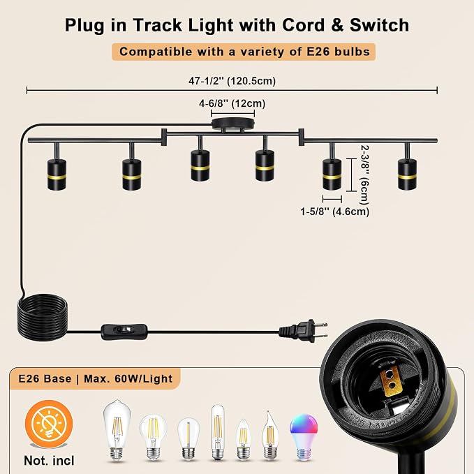 HiBay 6-Light Plug in Track Lighting, Rotatable Spotlight, Black Gold, E26 | Adjustable 6 heads ceiling fixture for a living room or open space, plug-in cord with on/off switch, no wiring, excl bulb