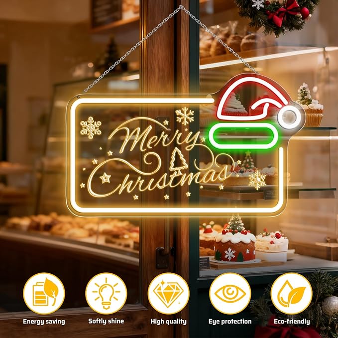 16.5 x 10’’ Merry Christmas Neon Sign, Carving LED Sign with Santa Hat, USB Powered Dimmable Switch for Xmas Party Kids Bedroom Bar Pub Club-Christmas Gift Decorations