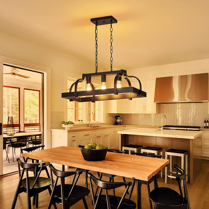 WUZUPS 3-Light Metal Pot Hanging Rack Chandelier Linear Pendant Ceiling Lighting Rustic Farmhouse Fixture Kitchen Island Dining Room, H 9.8" L 24.8" W11.8, E26 Base, Black
