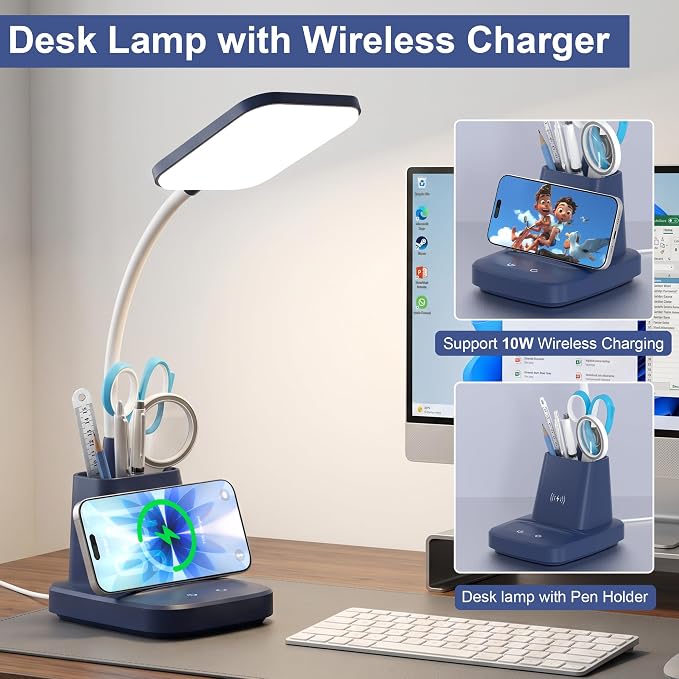 LED Desk Lamp with 10W Wireless Charging & Pen Holder, Navy Blue | CRI 95, 800LM, Stepless Dimming, 3 Modes, 360°Flexible Arm, Touch, Study Table Lamp for Home Office, Dorm Room, with Adapter