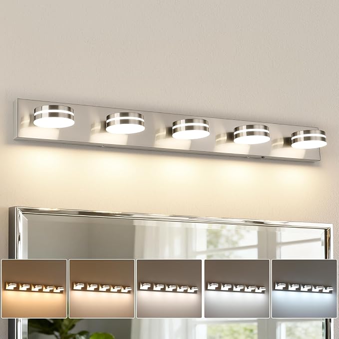 LED Brushed Nickel Bathroom Vanity Lights 5 Light 40.55in | 30W LED Bathroom Light Fixtures Over Mirror, with 360° Rotating Lamp Head, 5CCT Dimmable, Dimmer Switch Not Included