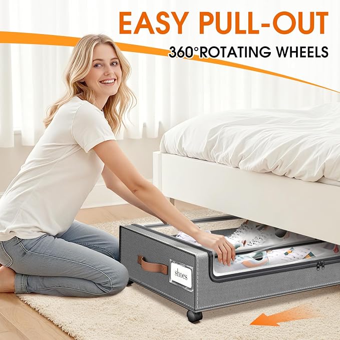 Under Bed Storage with Wheels 2Pack Storage Containers with Clear Window | Under Bed Drawers Rolling Under Bed Storage for Clothes,Shoes, Blankets (30.71 x 16.93 x 6.69 in, Light Grey)