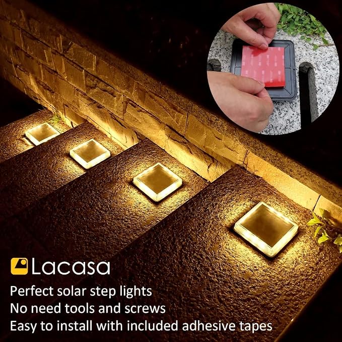Lacasa Solar Deck Lights, 4 Pack Warm White Outdoor In-Ground Driveway Walkway Dock, IP68 Waterproof Solar Powered Stair Step Pathway Fence Auto On/Off LED for Garden Yard Patio