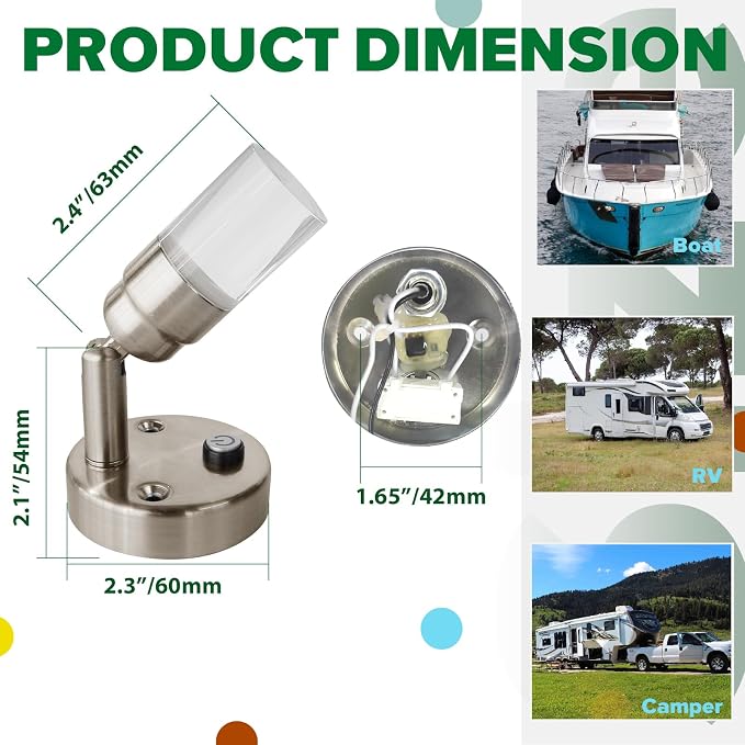 RV Reading Lights 12 Volt RV Wall Lights with Switch for Camper Van Trailer Food Truck Interior 12v Reading Light 2W 100LM Wall Lamps Blue and 3000K White Lighting Fixtures Nickel Finished, 2-Pack