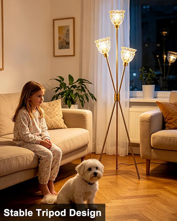 Lightdot 3-Lights Glass Tripod Floor Lamp Gold Dimmable Floor Lamps with 3000K Warm White Bulbs for Wedding Party 62IN Tall Standing Lamp with Amber Glass Shade for Living Room/Bedroom/Home Decor