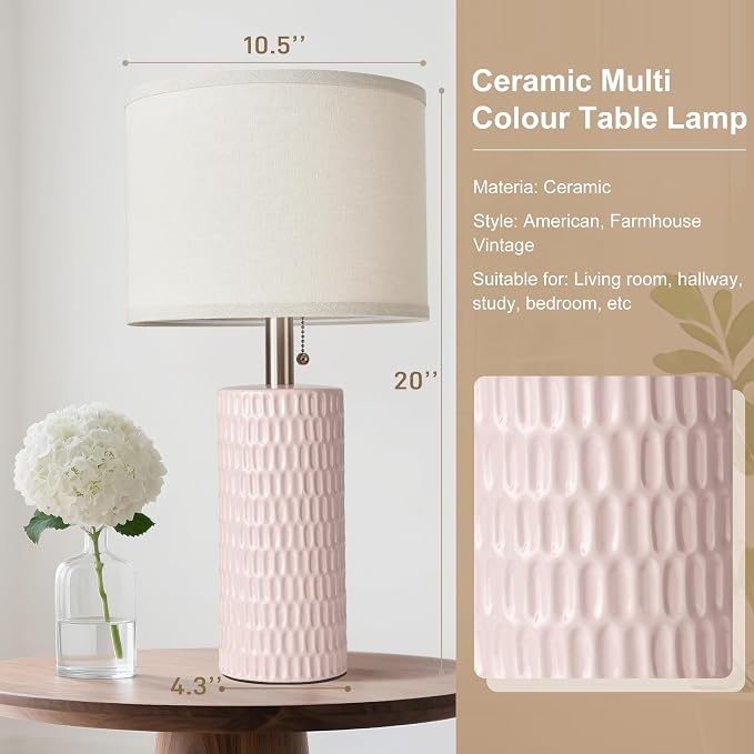 Reaketon 20.5" Modern Ceramic Table Lamps for Bedroom Set of 2, Bedside Lamps for Night Stands with Beige Lampshade, Farmhouse Table Lamp for Living Room Office Dorm, Pink