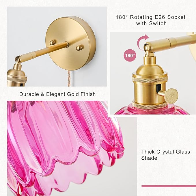 Plug in Wall Sconce, Vintage Sconce Light with Tulip Ruby Red Glass Lampshade, Bedside Wall Sconce with Switch and Plug in Wall Lamp Cord, Gold Wall Light for Bedroom