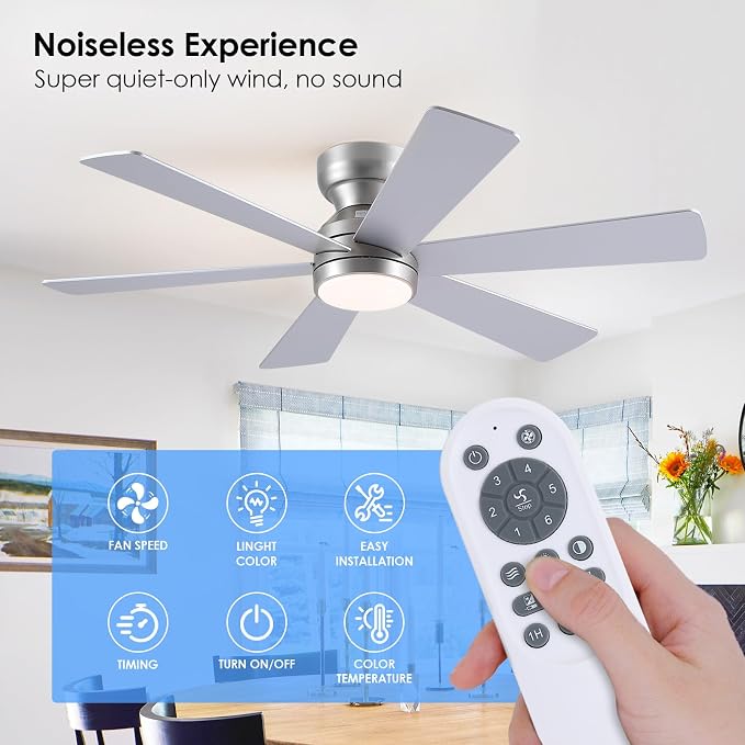 Asyko 46" Silver 6-Blade Modern Low Profile Ceiling Fan with Light & Remote | 6 Double-Sided Blades,6 Wind Speeds, Reversible,Dimmable 3 CCT LED Light, 25W Quiet DC Motor,1/2H Timer,for Bedroom Kitchen