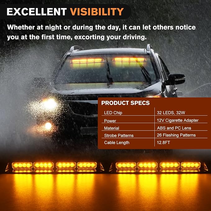 Nilight 32LED Amber Emergency Dash Strobe Lights w/Controller Suction Cups | Warning Hazard Interior Front/Rear Windshield Deck Split Light Bar for Trucks Construction Vehicles