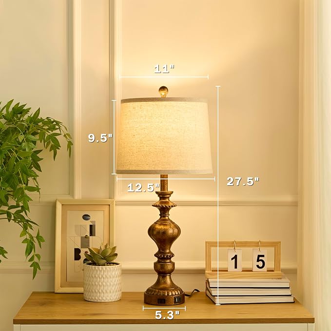 SAIWEYA 27.5" Farmhouse Table Lamps Set of 2, 3 Way Dimmable Bedside Lamps | Dimmable, USB C+A Ports & AC Outlet, LED Bulbs Included, Rustic Lamps for Living Room, Bedroom