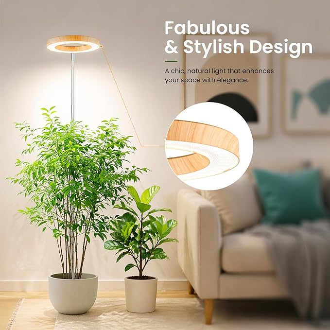 Grow Lights for Indoor Plants, 6.3" Full Spectrum Plant Light with Base | Bamboo Grain Grow Lamp, 65" Adjustable for Indoor Garden Tall Large Plants, 6/8/12/16H Auto Timer, 3 Colors, 5 Brightness