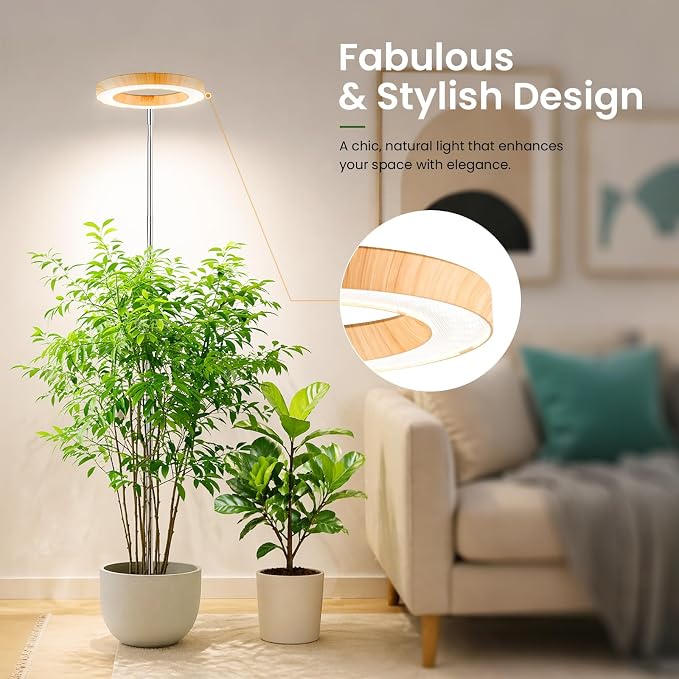 Grow Lights for Indoor Plants, 6.3" Full Spectrum Plant Light with Base | Bamboo Grain, 65" Adjustable for Indoor Garden Tall Large Plants, 6/8/12/16H Auto Timer, 3 Light Colors, 5 Brightness, 2 Pack