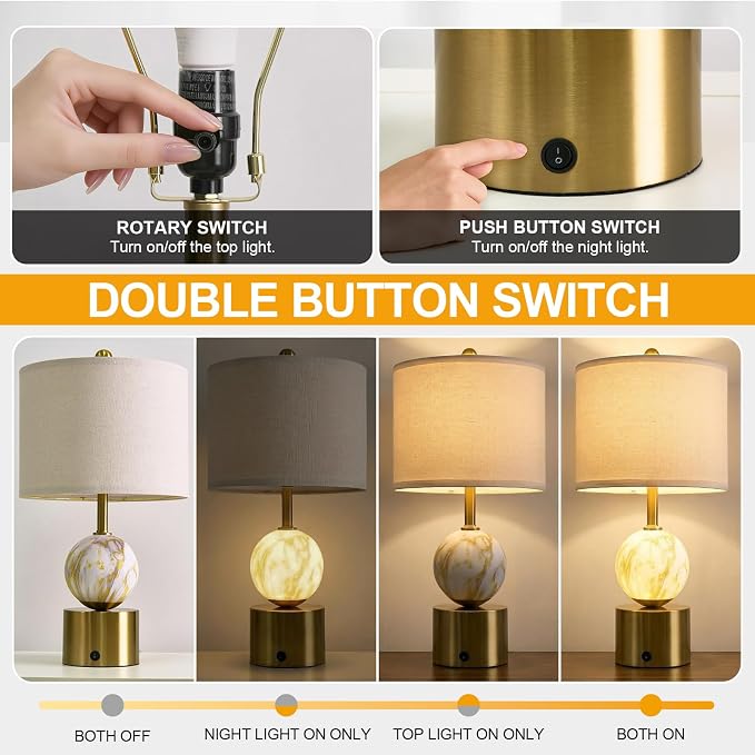 20.5" Small Bedside Table Lamps for Bedroom Nightstands, Gold Glass Modern Table Lamps Set of 2 with USB A+C Charging Port, Night Light, Luxury Lamps for Living Room End Table(Bulbs Included)
