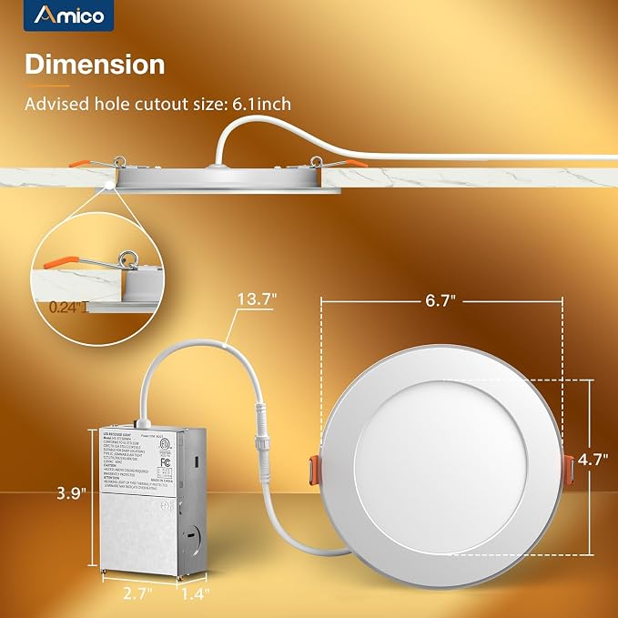 Amico 20 Pack 6 Inch LED Recessed Light with Night Light, 5CCT, 1100LM | Ultra-Thin Ceiling Light, 5%-100% Dimmable, No Flicker, 2700K-5000K, Canless Wafer Downlight with J-Box, 12W=110W, IC/ETL/FCC