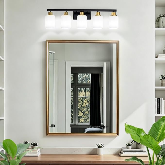 5-Light Black and Gold Vanity Light,Bathroom Lighting Fixtures,30" | Bathroom Light for Mirror with Square Frosted Glass,Modern Wall Sconces fixtures over Sink Restroom,Living Room Hallway