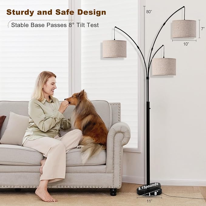 3 Light Arc Floor Lamp with Remote, Beige Shade Black Pole | 80" Dimmable Floor Lamp, 2400LM Super Bright, Independently Controlled 9W LED Energy-Saving Light Bulb, Memory Function