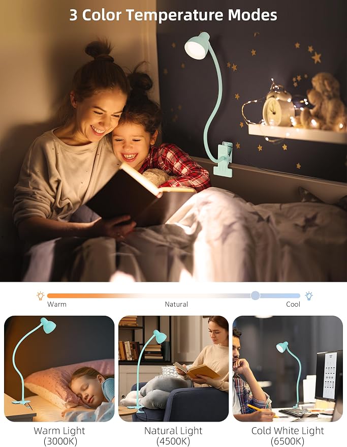 Clip on Reading Light for Bed 3 Color Modes Teal | 10 Brightness Dimmable, Flexible Gooseneck Clip on Lamp, Eye Care Clip Light for Bed Headboard Desk Home Dorm