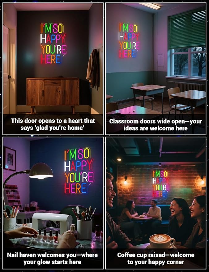 I'm So Happy You're Here Neon Sign, Welcom LED LED Neon Light Sign for Classroom & Kids Room, Positive Affirmation Wall Decor for Home, Cafe & Business, Colorful Letter Neon Sign (You're Here)