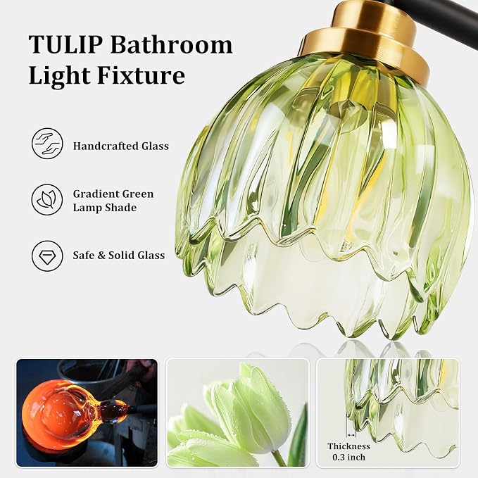 TALOYA Black Gold 3-Light Bathroom Vanity Light with Green Tulip GlassShade | Modern Vanity Lighting Fixtures, Bathroom Lights Over Mirror, Wall Mount Mirror Light Fixtures for Bathroom Hallway Bedroom