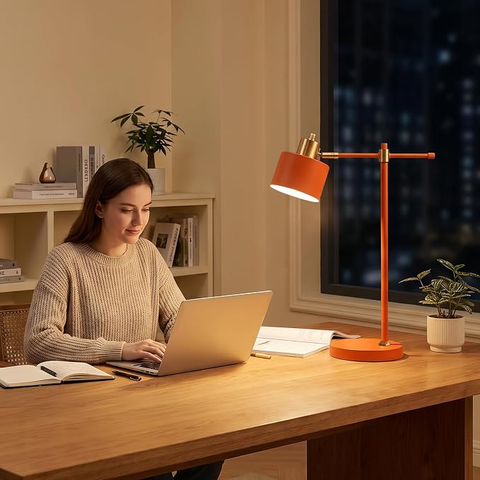 22.2" Modern Desk Lamp, Metal Table Lamp with LED Bulb, Adjustable Reading Lamps for Living Room, Mid Century Task Lamp for Home Office, Industrial Bedside Lamps with Solid Base, Orange