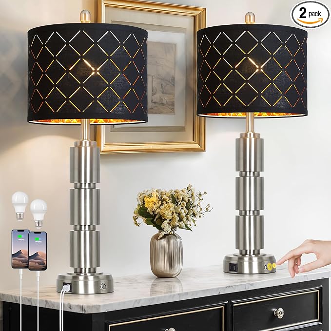 Set of 2 Modern Table Lamps for Living Room Bedroom,29" Tall Bedside Lamp with 2 USB Port,Silver Metal Touch Nightstand Lamp for Desk End Side Table Entryway,Silver