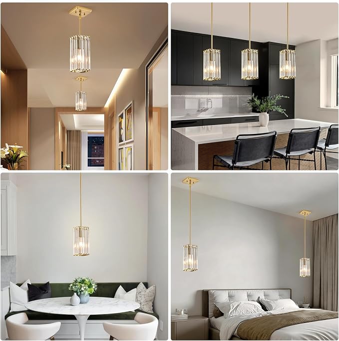 Modern Crystal Pendant Lights Kitchen Island, 3-Pack Brushed Gold Hanging Light with Clear Crystal Shade, Adjustable Height Pendant Lighting for Kitchen Island Dining Room Bedroom Bar Entryway