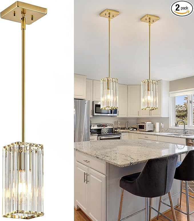 Modern Crystal Pendant Lights Kitchen Island, 2-Pack Brushed Gold Hanging Light with Clear Crystal Shade, Adjustable Height Pendant Lighting for Kitchen Island Dining Room Bedroom Bar Entryway