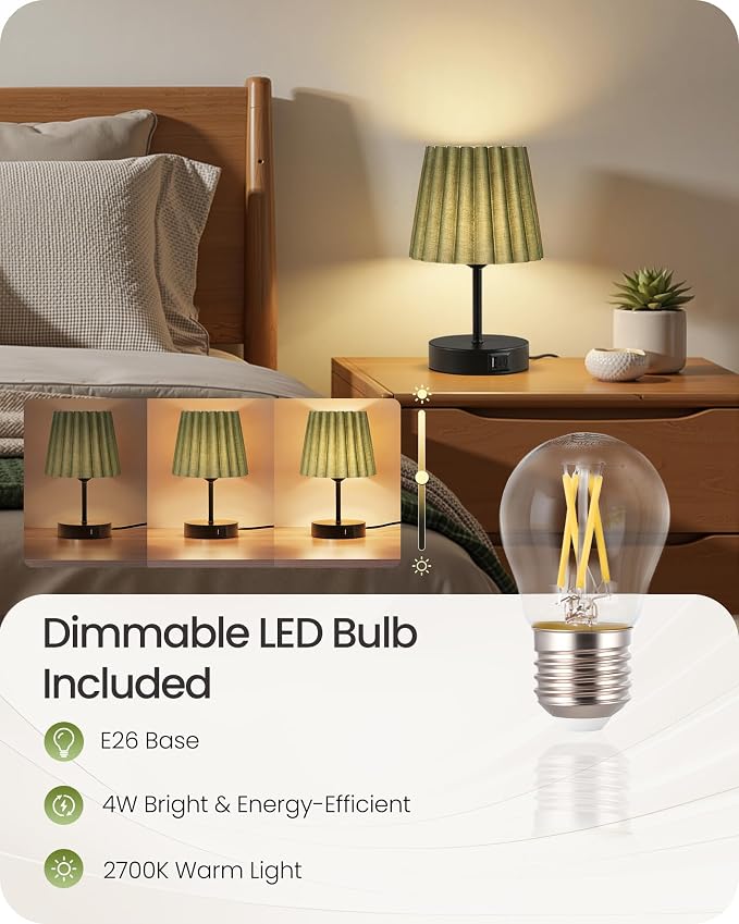 Small Bedside Table Lamp, Touch Dimmable Table Lamp with USB Ports, Nightstand Lamp with a Stepless Dimming LED Bulb, E26 Base, for Bedroom, Study, Desk, Black and Green J16TL05