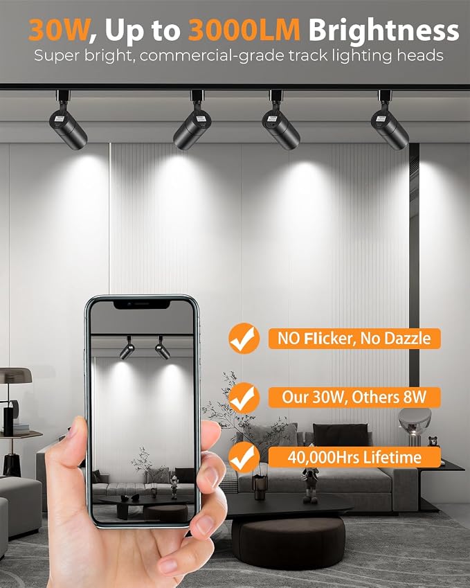 VANoopee 3-Color Zoomable 30W LED Track Lighting Heads H Type Track Light Heads Dimmable Bright Ceiling Spotlight Fixtures for Shop, 3000K 4000K 5000K Adjustable, CRI90+ 15°-60° 3000lm Black 4 Pack