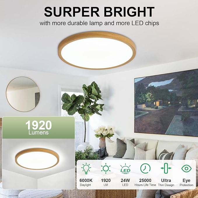 LED Flush Mount Ceiling Light: 12 inch 1Pack Super Slim Dimmable & 5CCT (2700-6500K) Kitchen Lighting Fixtures Ceiling - 24W Wooden Low Profile Ceiling Lamp for Bedroom Garage Hallway