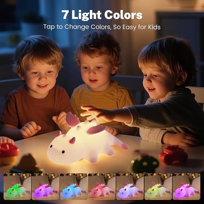 AVEKI Pink Dragon Night Light, Cute Baby Dragon Lamp Gifts for Girls and Princess, 10 Modes Adjustable Touch Baby Light, Rechargeable Nursery Lamp with Timer, Portable Nightlight for Kids Girl
