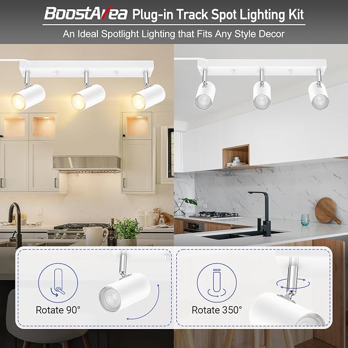 Plug in Track Lighting, 3 Light Ceiling Lighting Kit, White 3 Way Modern Wall Spotlight, 15 FT Cord,Flexibly Rotatable Complete Light Kits for Kitchen Cabinet Gallery Bar Living Room（No Bulb）
